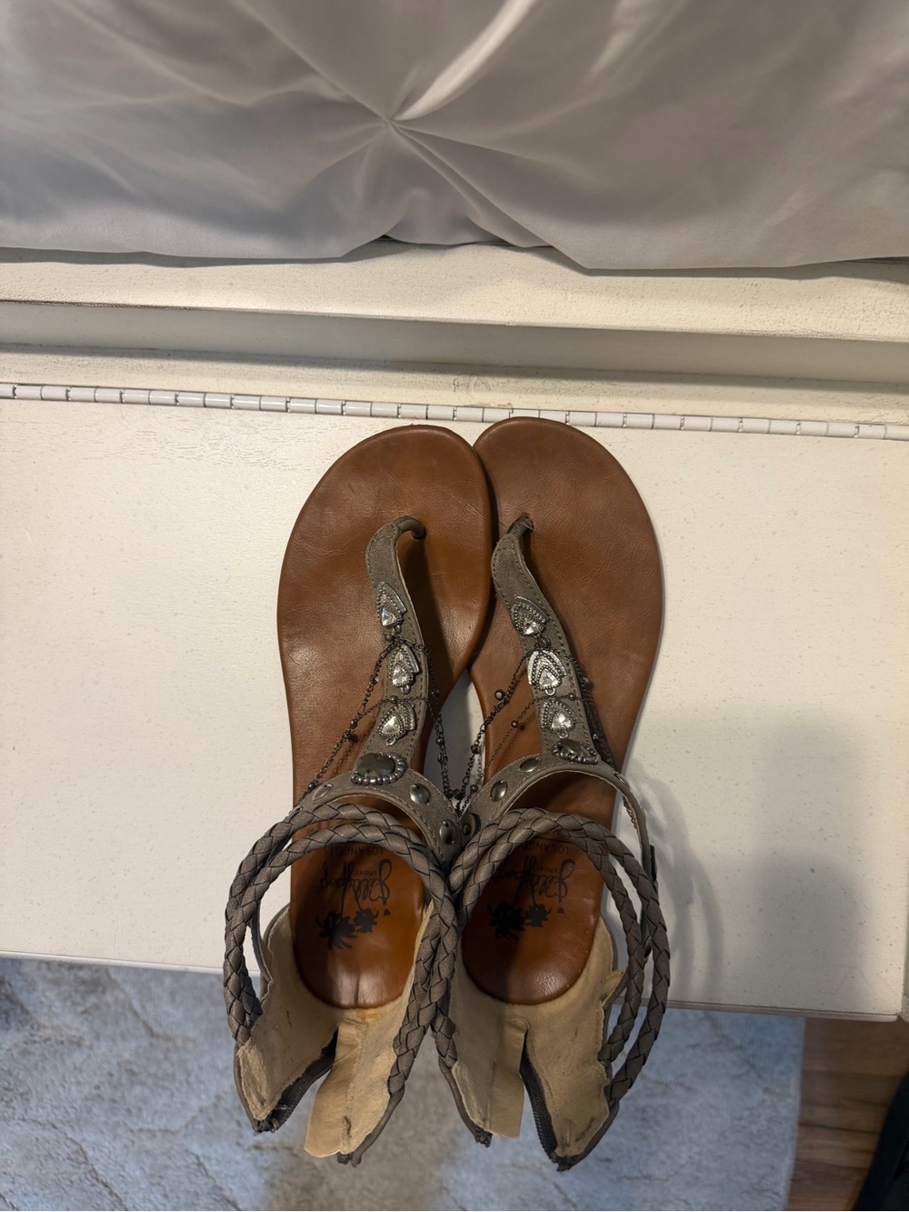 Jellypop Brown Braided T-Strap Sandals with Silver Accents